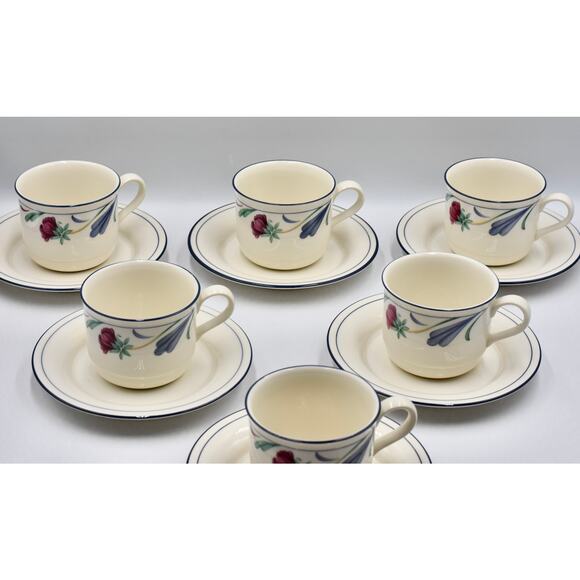 Y2K Coffee or Tea Flat Cup & Saucer 12pc Set Poppies On Blue by LENOX - Picture 3 of 12